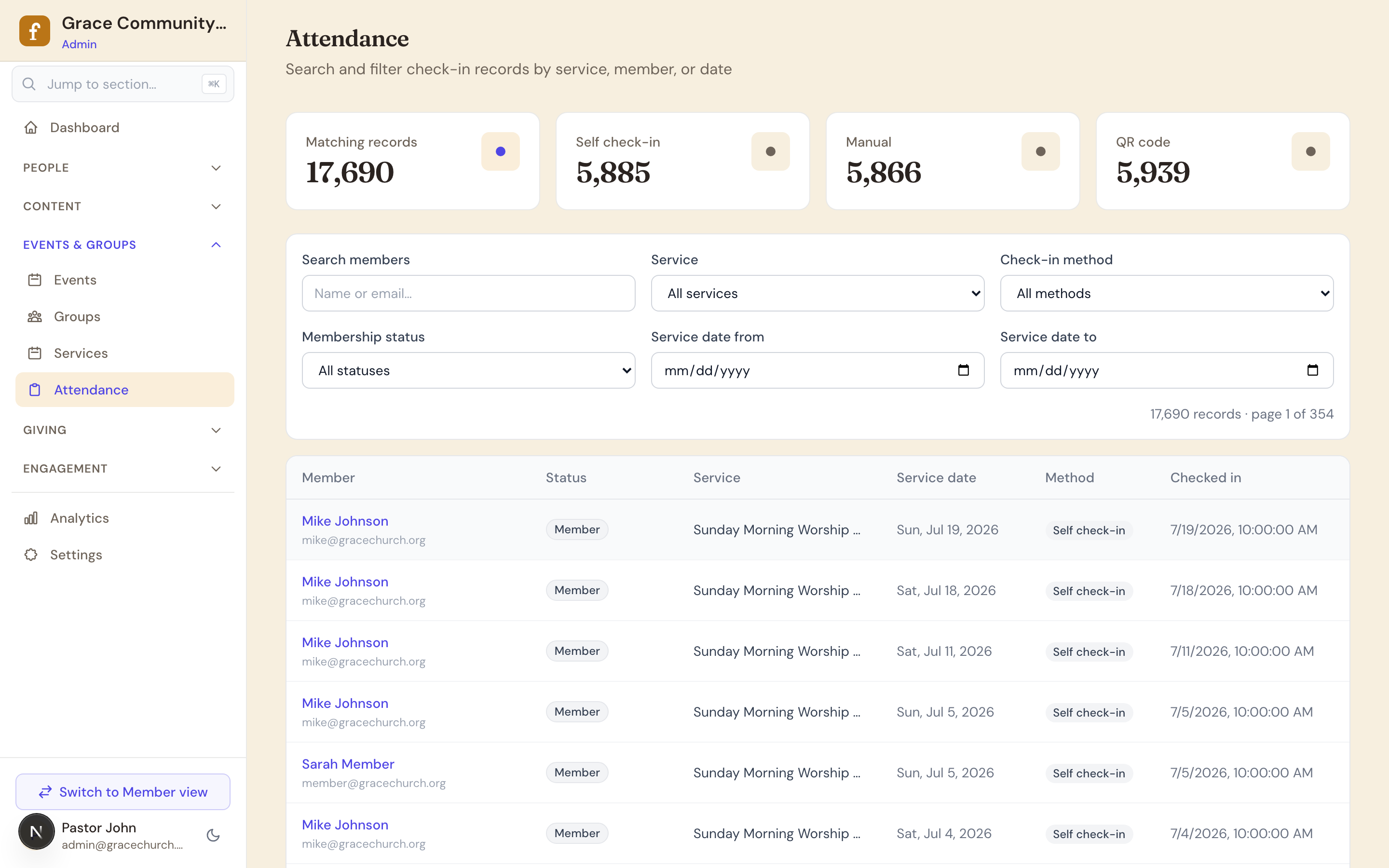 Admin attendance dashboard and history