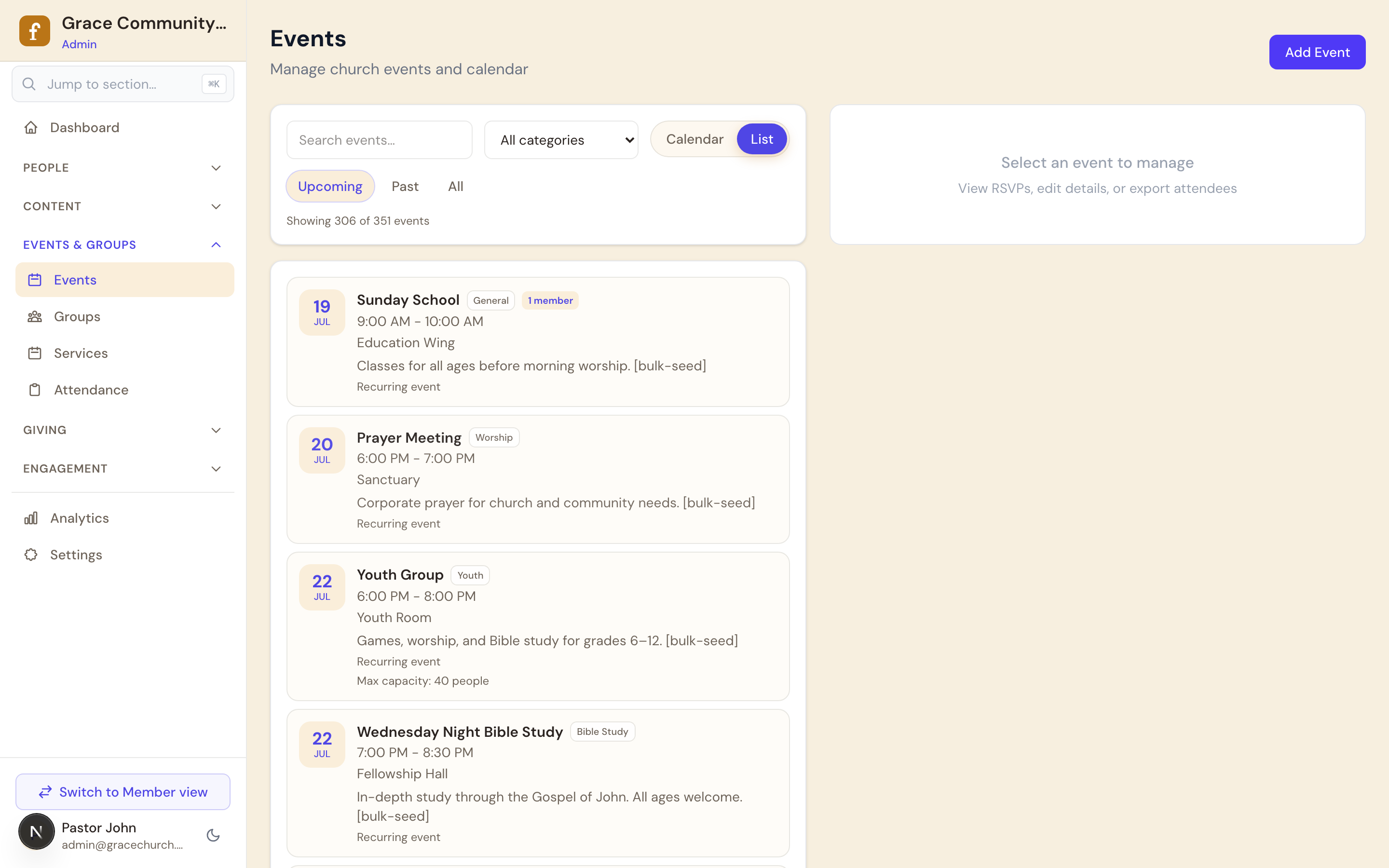 FlockTable admin events calendar and list
