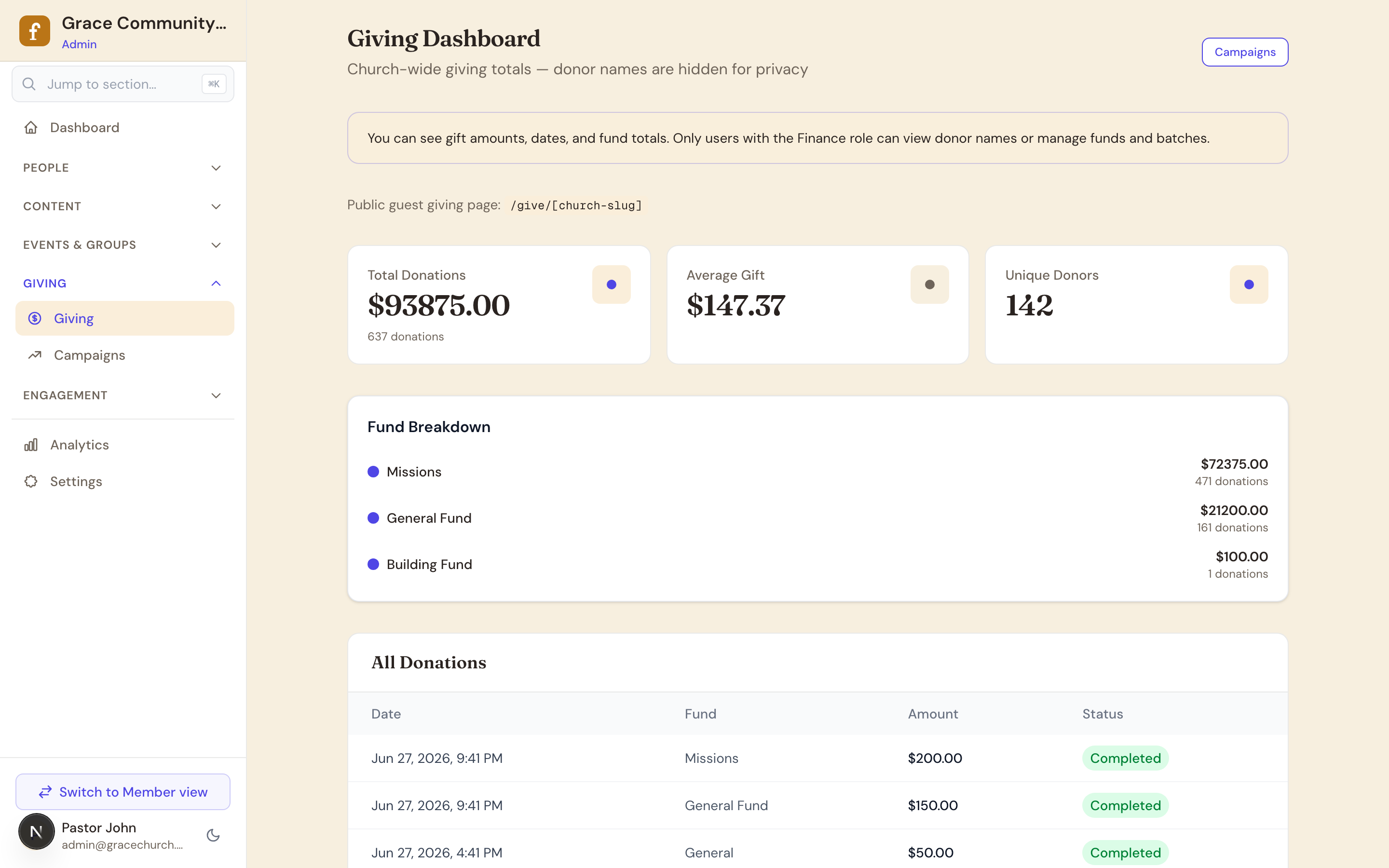 Admin giving dashboard with fund totals