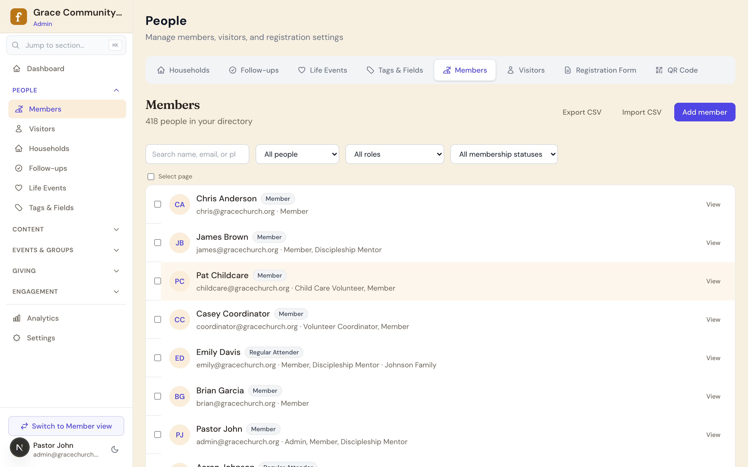 FlockTable member directory with status and role badges