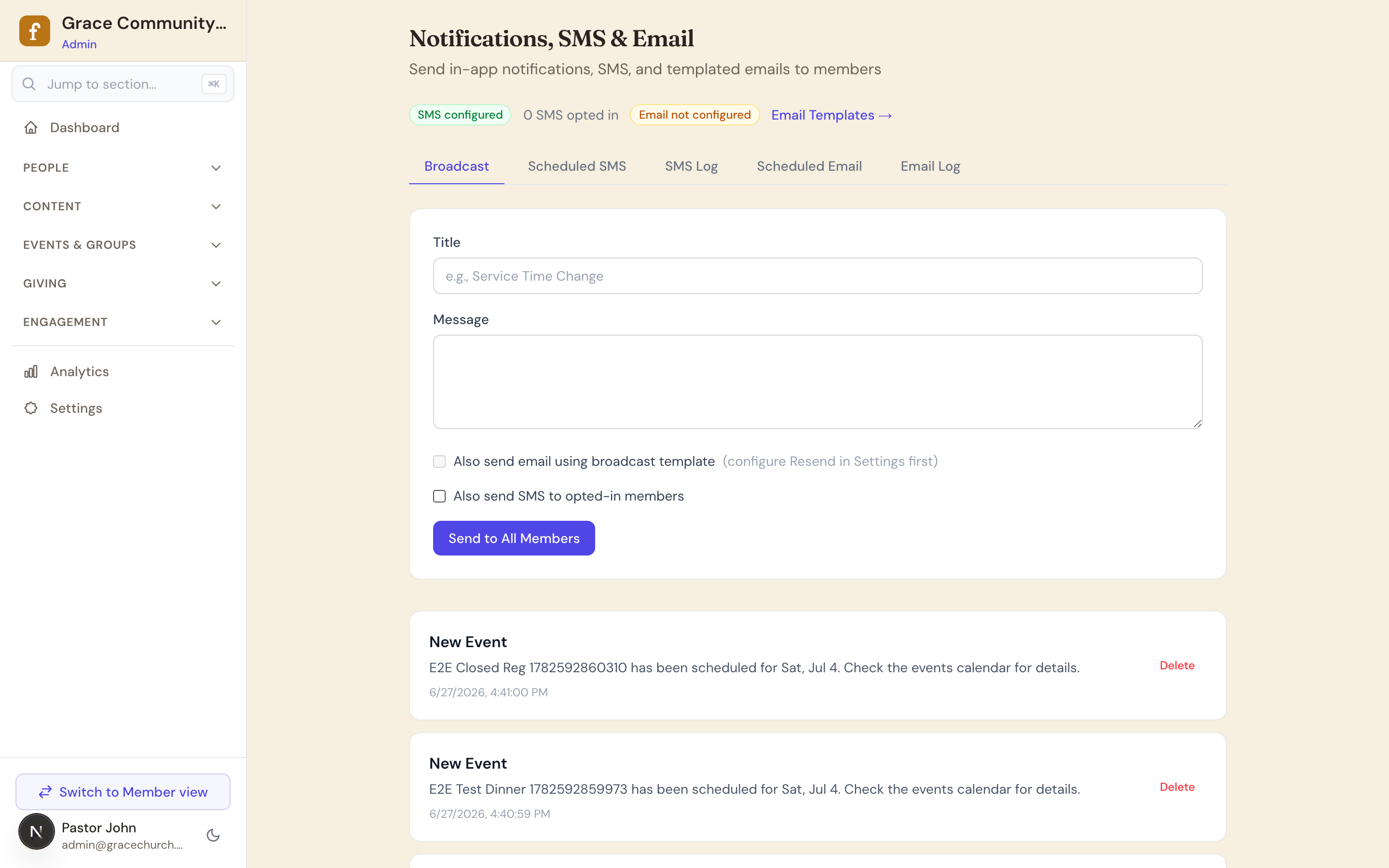 FlockTable admin notification broadcast