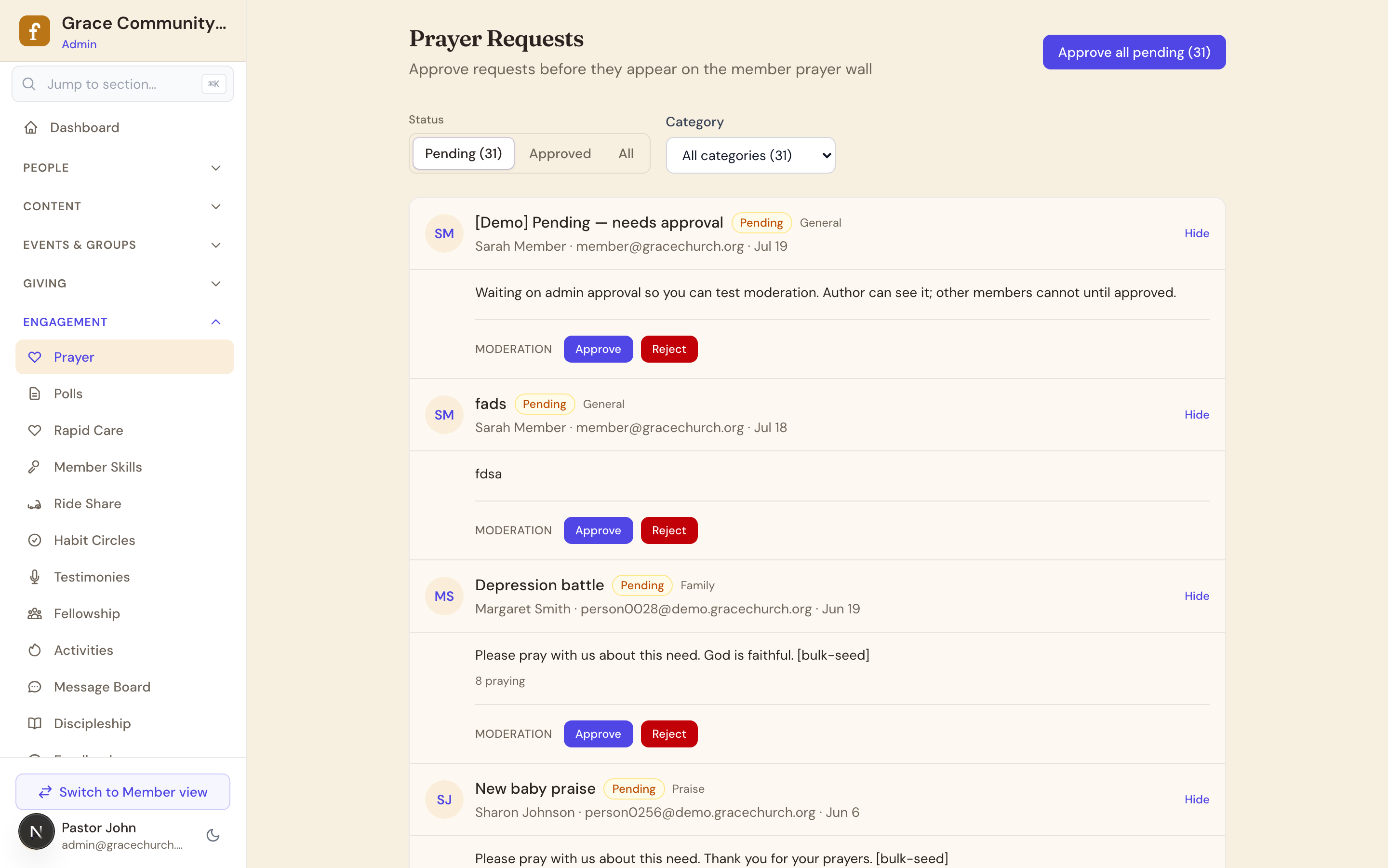 Admin prayer request moderation