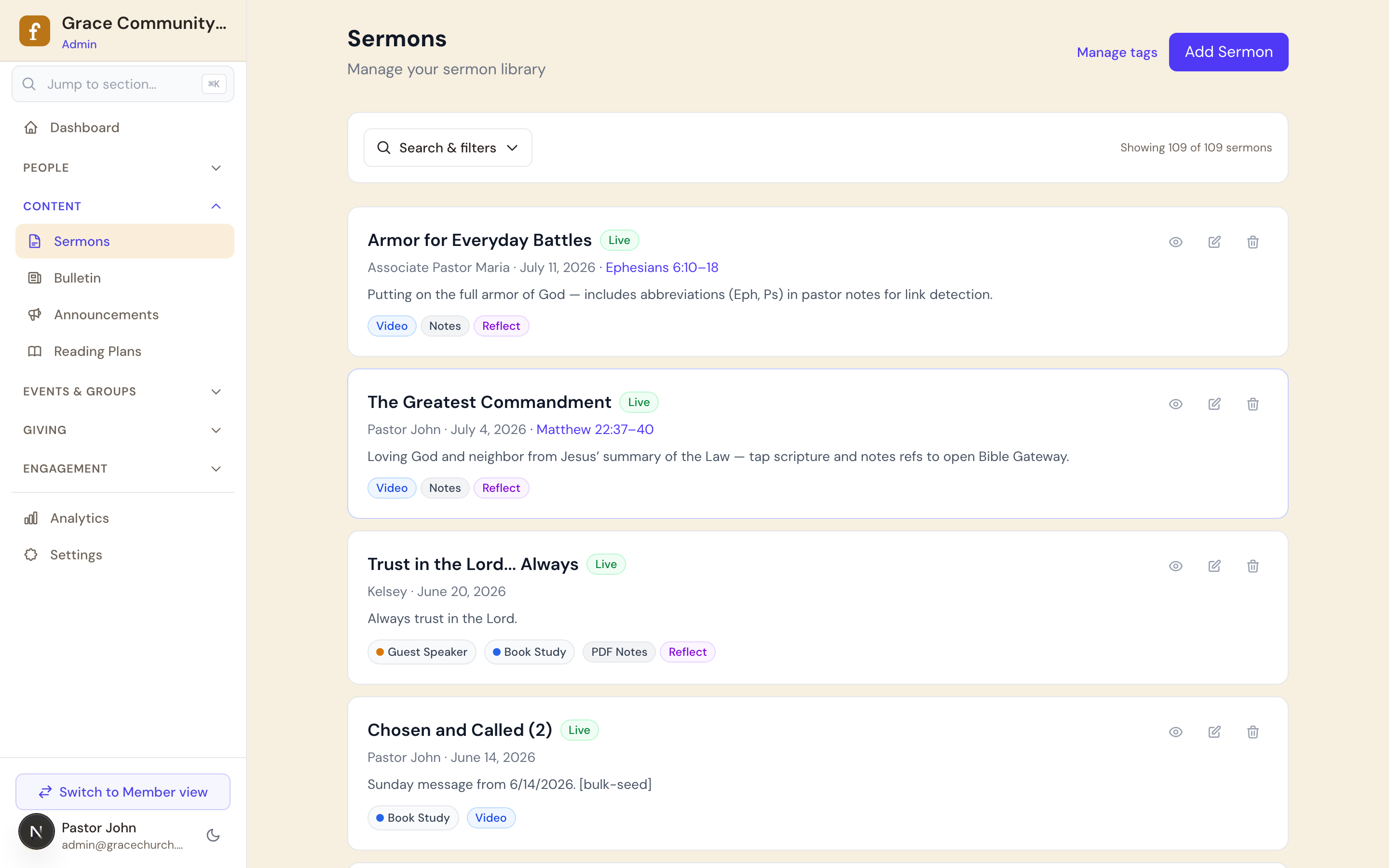 Admin sermon management with series and filters
