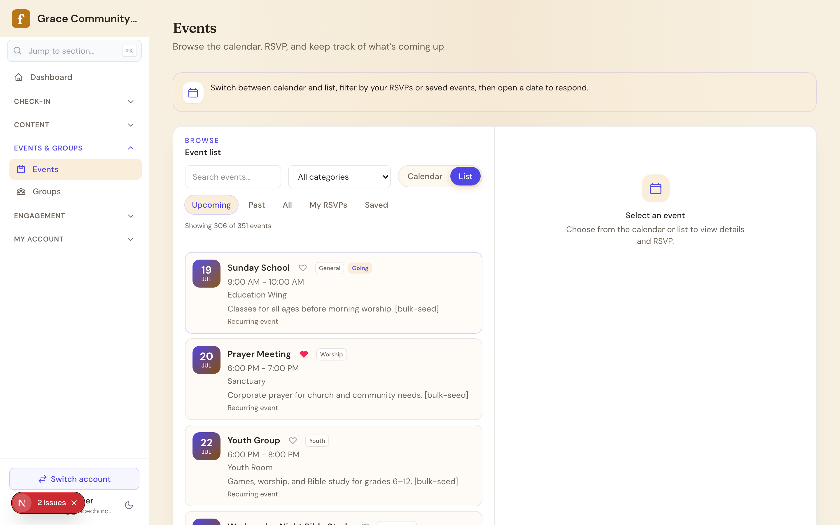 Member events list with RSVP options