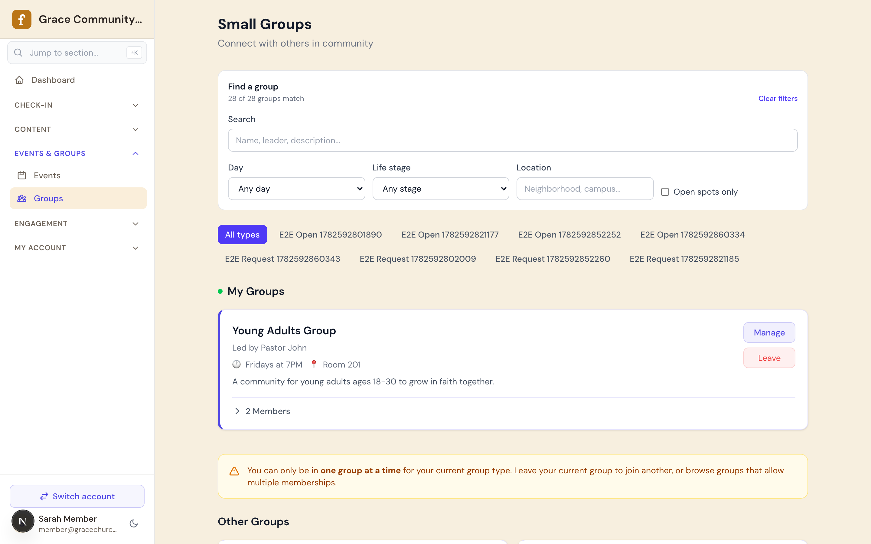 FlockTable member small groups discovery
