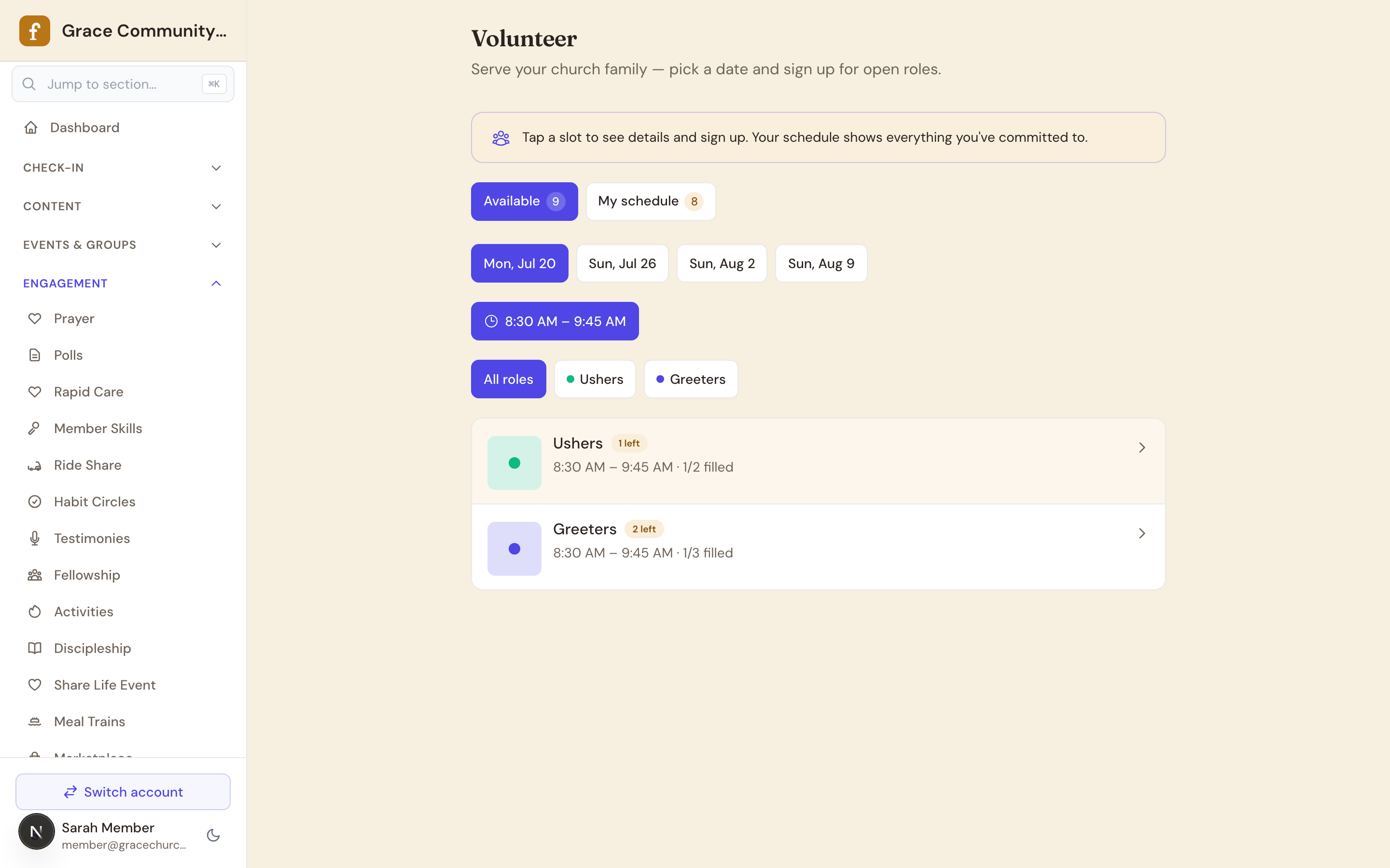 Member volunteer signup for open slots